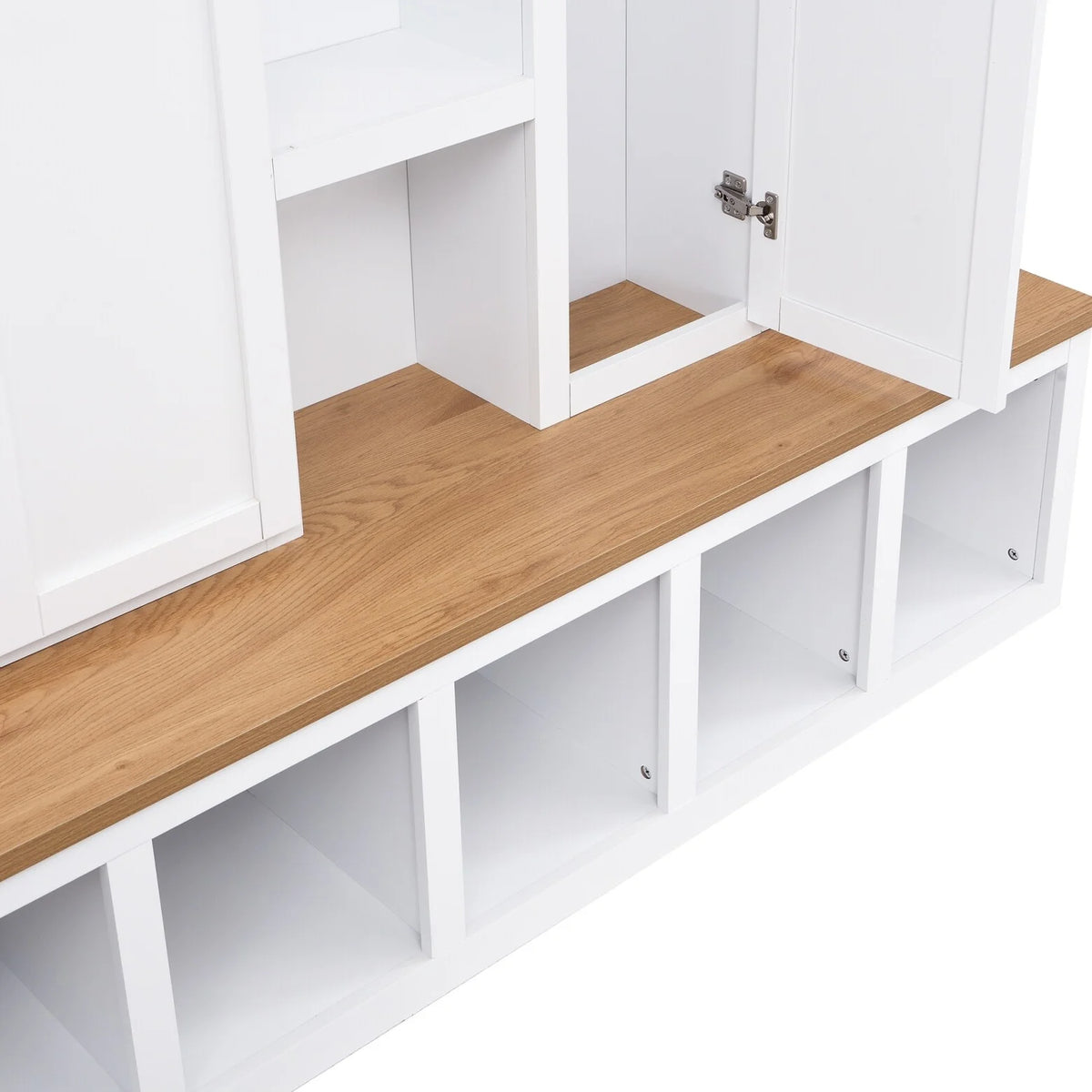 Vestiaire d’entrée style maison de campagne avec banc et rangement pour chaussures, 4-en-1, avec 4 placards, 5 casiers à chaussures et 6 crochets, noir