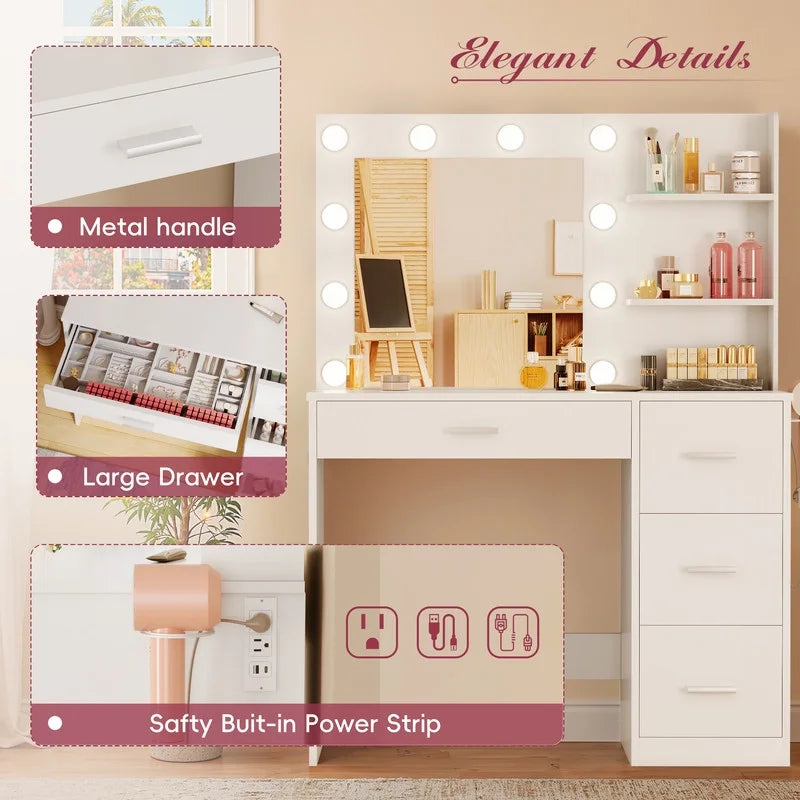 Coiffeuse Lacoo avec miroir et éclairage LED, coiffeuse de maquillage avec 7 tiroirs et 4 étagères, table de toilette avec prise électrique pour chambre ou dressing, blanc