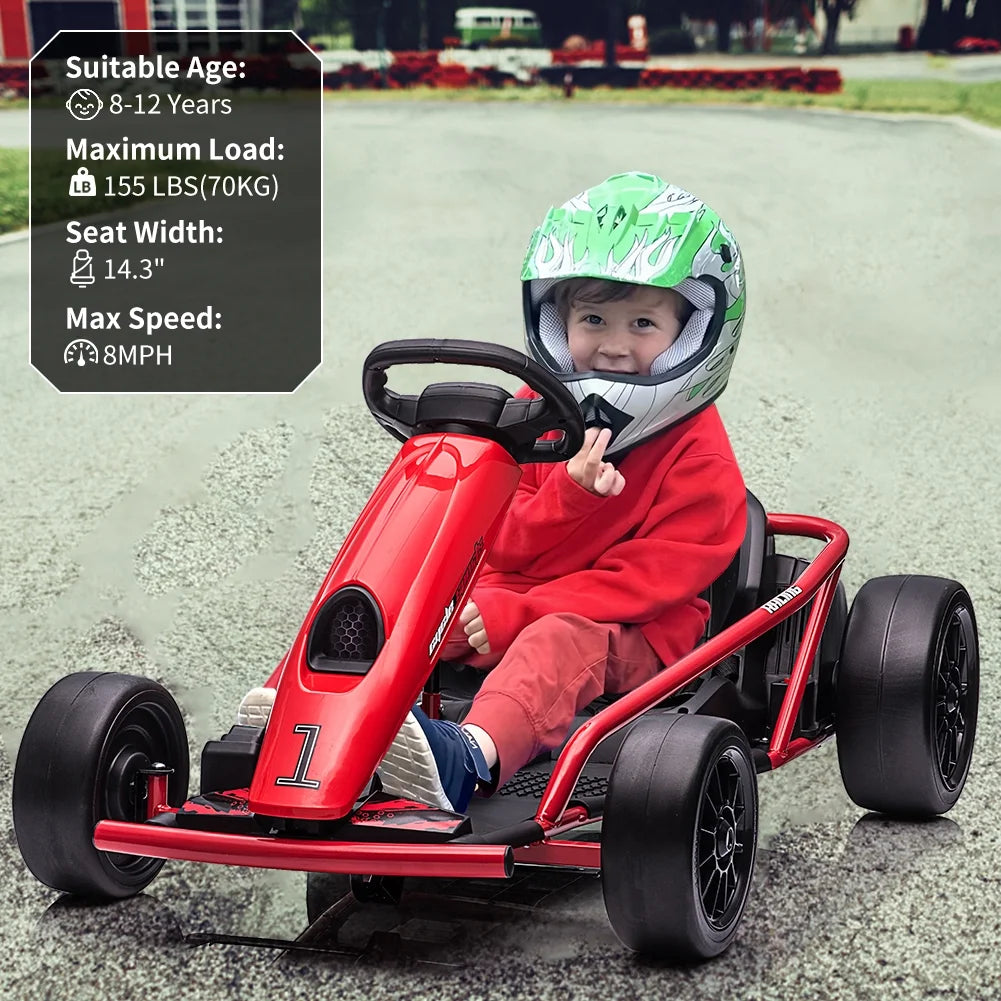 Kojooin Karting pour enfants, Batterie 24V Moteurs 300WX2 Karting à pédales à pied, Voiture de dérapage haute vitesse 8MPH avec fonction de démarrage progressif, Rouge rose