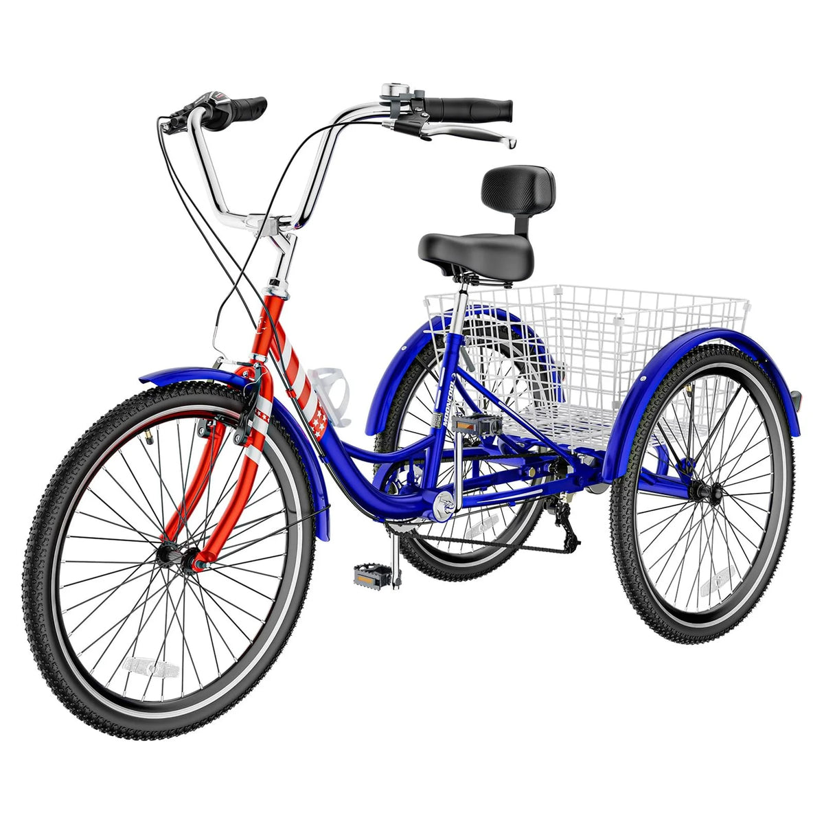 Tricycles pour adultes MOONCOOL avec panier arrière et pompe à pied, vélos à 3 roues 7 vitesses de 24 et 26 pouces, vélo à trois roues pour adultes avec dossier pour seniors, femmes et hommes