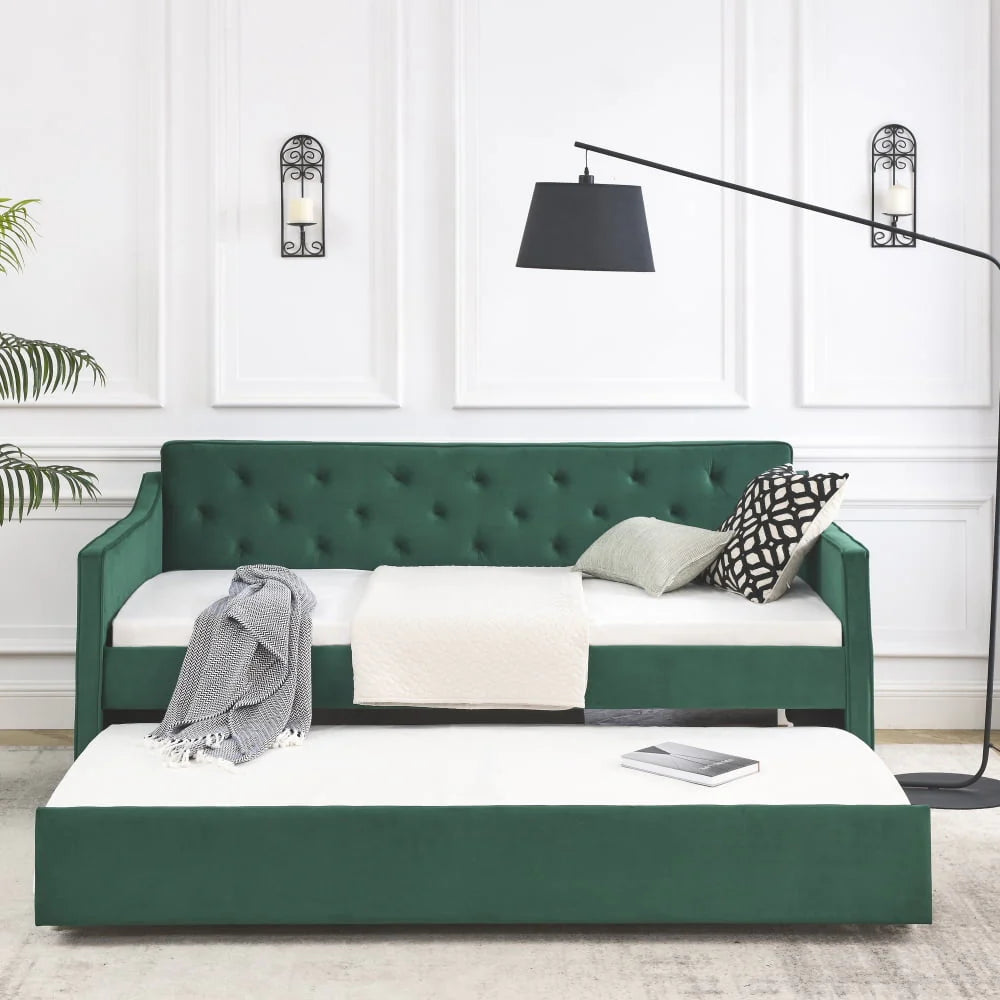 Lit de repos 1 place avec lit gigogne, cadre de lit moderne capitonné à boutons et rembourré en lin, avec lit gigogne coulissant, meuble de chambre à coucher, salon ou chambre d’amis, vert