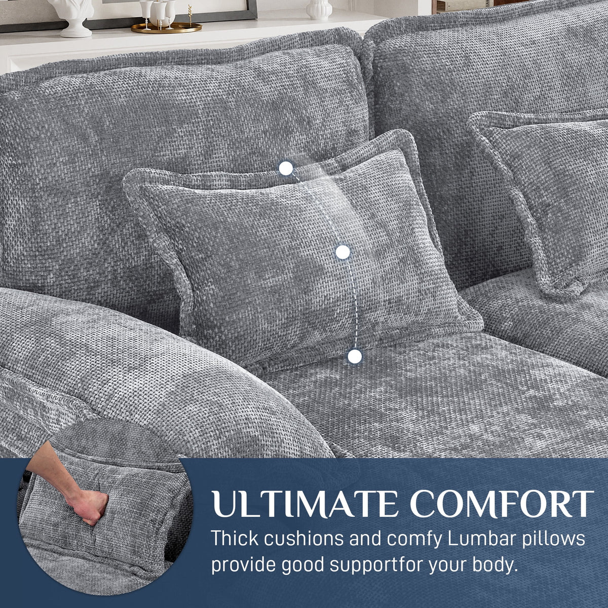 Canapé modulable en U Wiilayok Cloud Couch, méridienne double extra profonde de 124 cm en chenille duveteuse, console centrale avec ports USB-C et A doubles, gris tempête