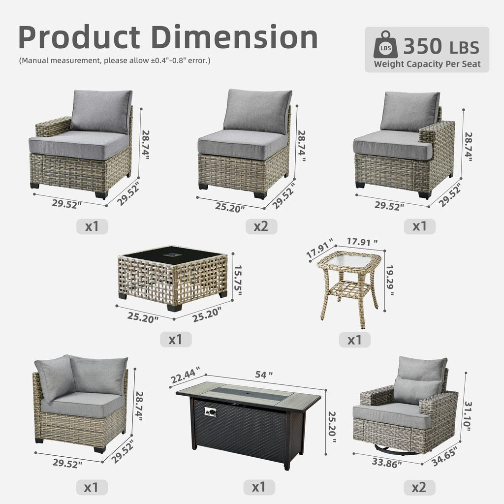 Ovios Salon de jardin modulable moderne en résine tressée toutes saisons à dossier haut, 10 pièces, avec table brasero au propane et fauteuil pivotant, gris foncé