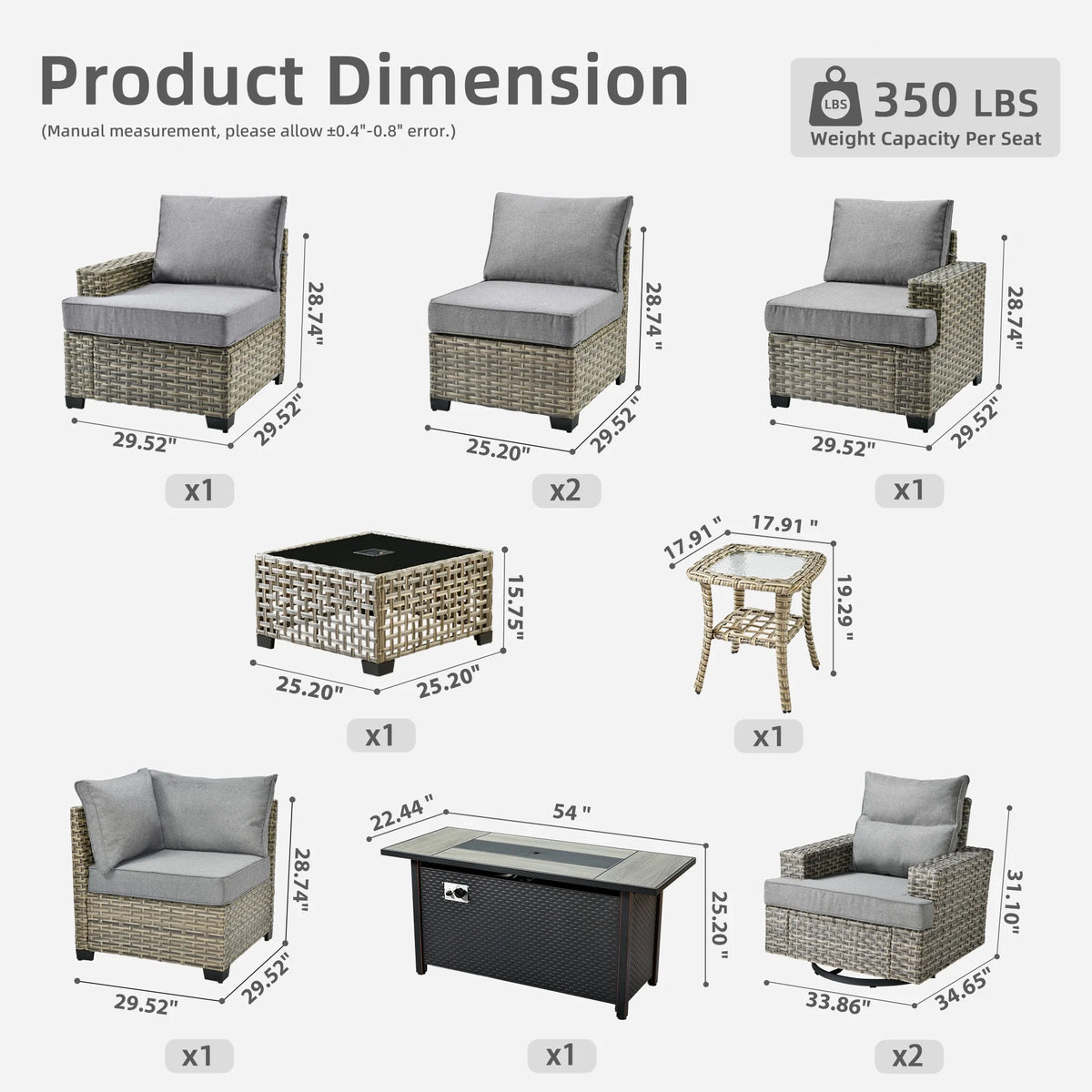 Ovios Salon de jardin modulable moderne en résine tressée toutes saisons à dossier haut, 10 pièces, avec table brasero au propane et fauteuil pivotant, gris foncé