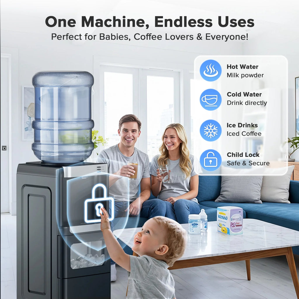 LHRIVER Distributeur d’eau 2-5 gallons & Machine à glaçons 6 min, 3-en-1 Chaud/Froid/Glace, Verrouillage enfant & Économe en énergie, pour Maison/Bureau, Noir