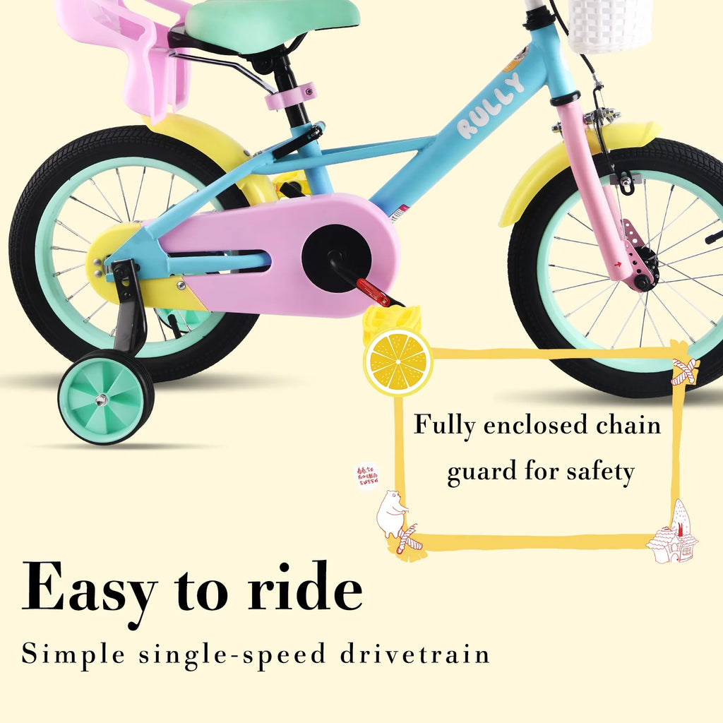 Vélo enfant RULLY 14 pour filles de 3, 4 et 5 ans mesurant 89 à 119 cm, vélo pour petite fille avec roues d’apprentissage, siège pour poupée et frein à pédales, vélo arc-en-ciel, couleurs pastel