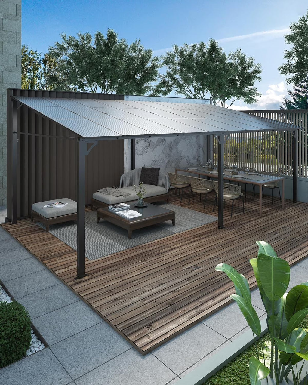 Pinypikaka Gazebo d'extérieur à toit rigide 12'x20', Pergola adossée avec toit pour pelouse, terrasse, deck, jardin, fête