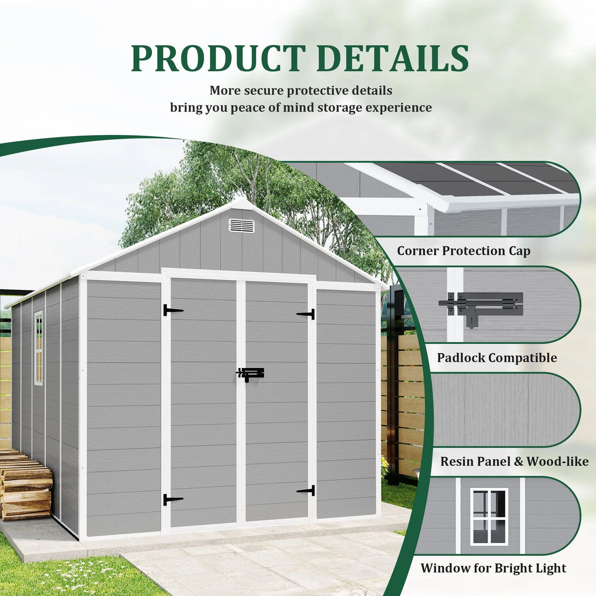Enyopro Abri de rangement extérieur 6 x 4,4 pi, grand abri utilitaire en résine plastique toutes saisons pour outils avec deux portes verrouillables, pour patio, cour arrière et pelouse, gris