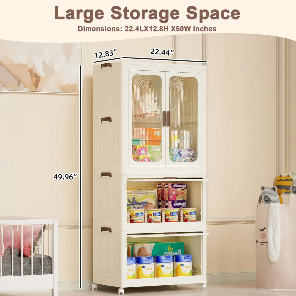 Penderie portable pour enfants Montary avec portes magnétiques et tringle – Meuble de rangement en plastique à 4 casiers pour chambre d'enfant