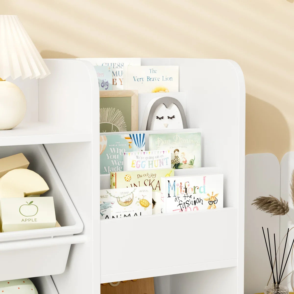 Hiphuta Bibliothèque et Meuble de Rangement pour Jouets pour Enfants, Organisateur en Bois avec 4 Paniers et 2 Tiroirs Amovibles pour la Maison et la Chambre, Étagère à Livres pour Enfants avec Bac à Jouets et Support à Livres, Blanc
