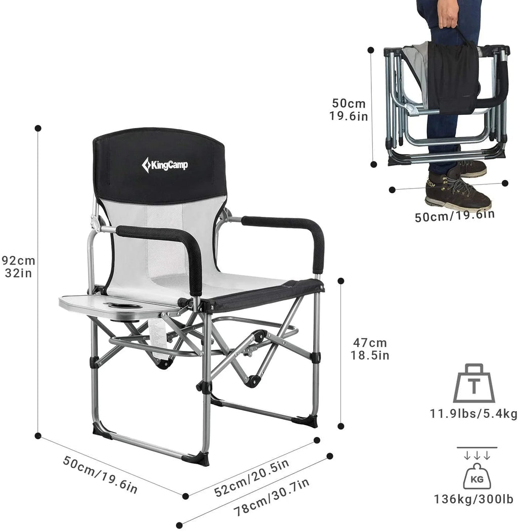 Lot de 2 chaises de camping KingCamp, soldes, pliantes et robustes, en maille, avec accoudoirs munis de poignées et tables latérales, pour adultes, noires