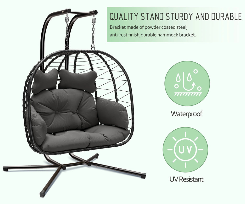 Bifanuo Fauteuil œuf balancelle double en osier, canapé suspendu pliant avec support, coussins amovibles résistants aux UV, capacité de 700 lb pour chambre, balcon (noir et beige)