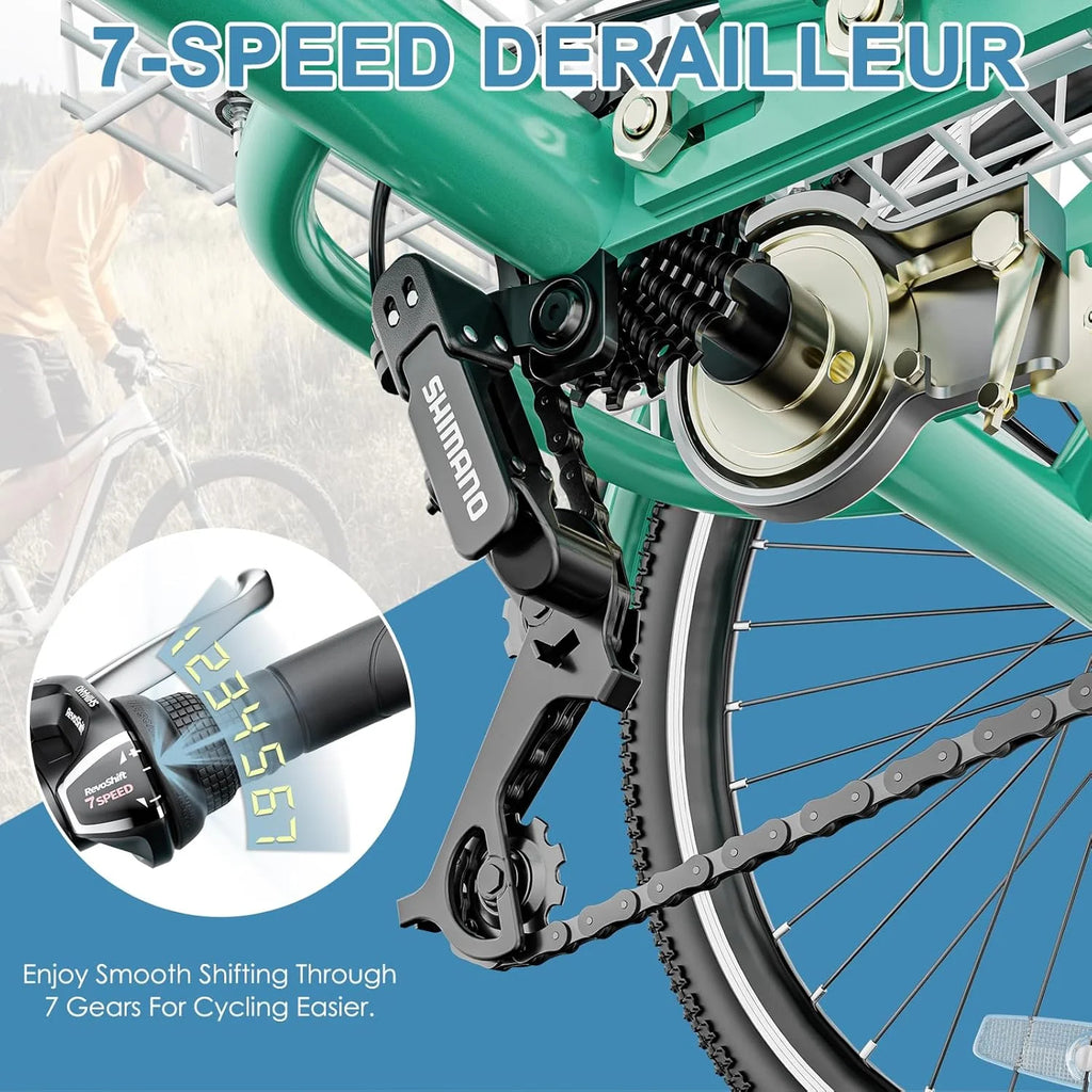 Tricycles pour adultes MOONCOOL avec panier arrière et pompe à pied, vélos à 3 roues 7 vitesses de 24 et 26 pouces, vélo à trois roues pour adultes avec dossier pour seniors, femmes et hommes