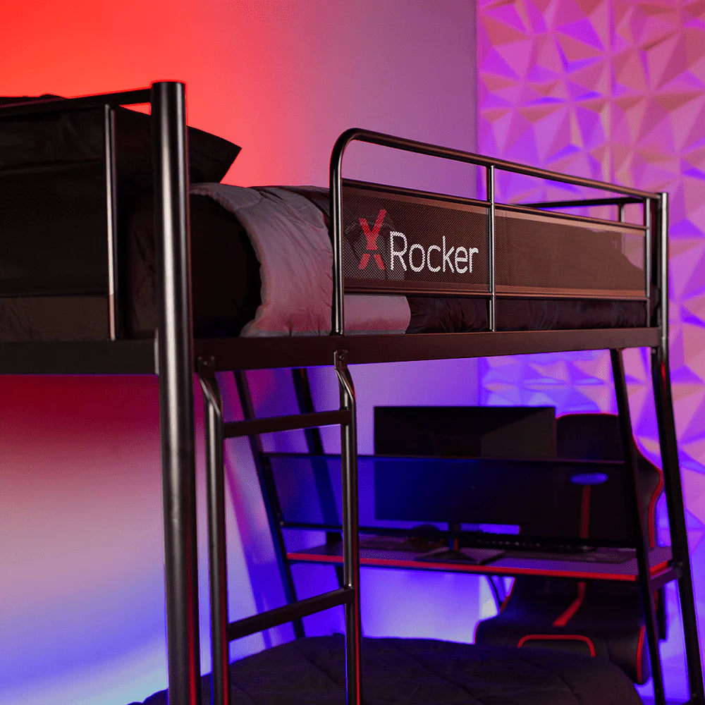 Lit superposé gaming X Rocker Armada Twin avec bureau gaming intégré, noir, Twin/Twin, Enfants, Adolescents