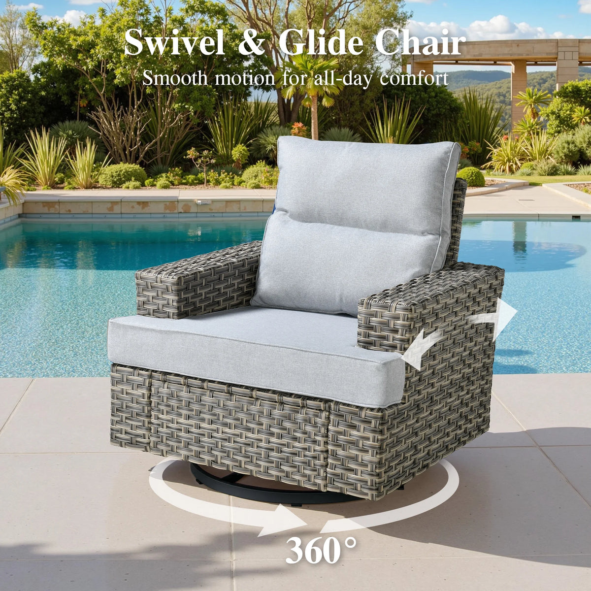 Ovios Salon de jardin modulable moderne en résine tressée toutes saisons à dossier haut, 10 pièces, avec table brasero au propane et fauteuil pivotant, gris foncé