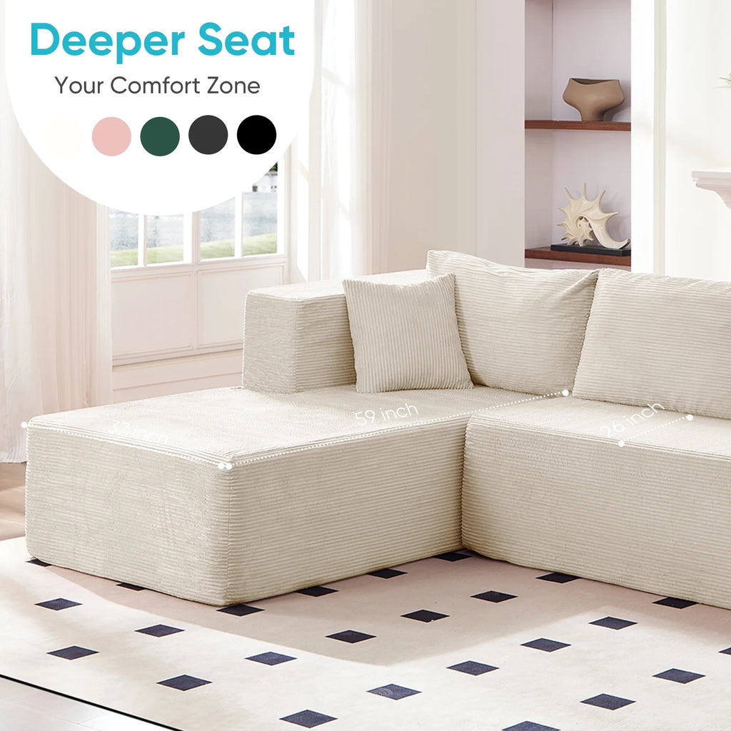 Canapé d’angle ZAFLY 106 Cloud avec méridienne, sans assemblage, canapé-lit en L, canapé modulable surdimensionné à assise profonde pour salon – droite, noir