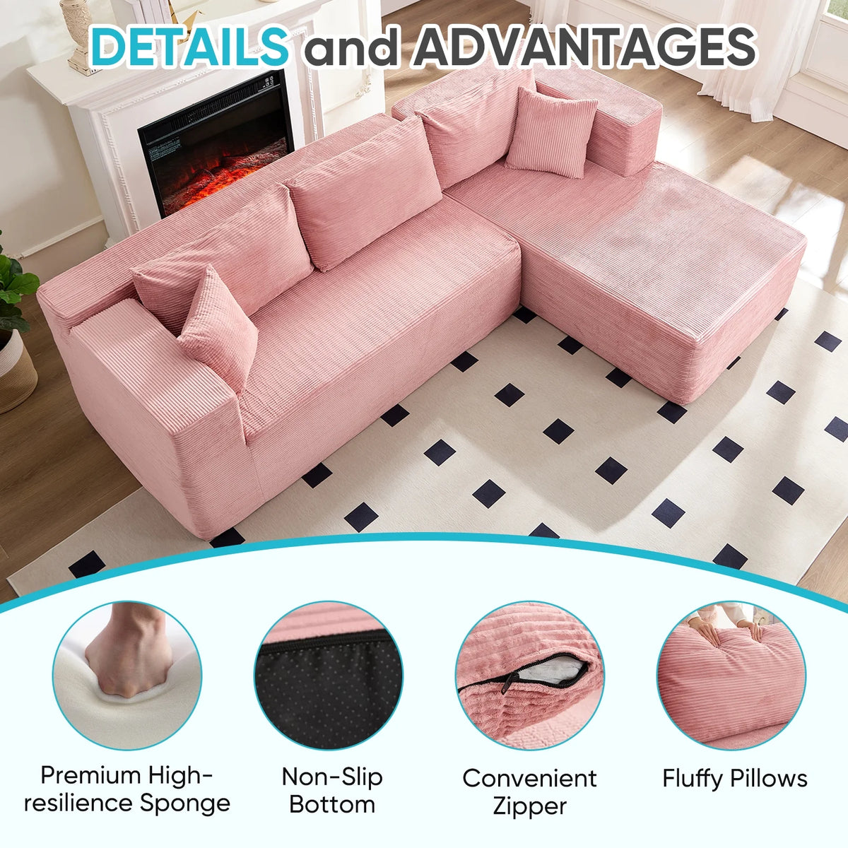 Canapé d’angle ZAFLY 106 Cloud avec méridienne, sans assemblage, canapé-lit en L, canapé modulable surdimensionné à assise profonde pour salon – droite, noir