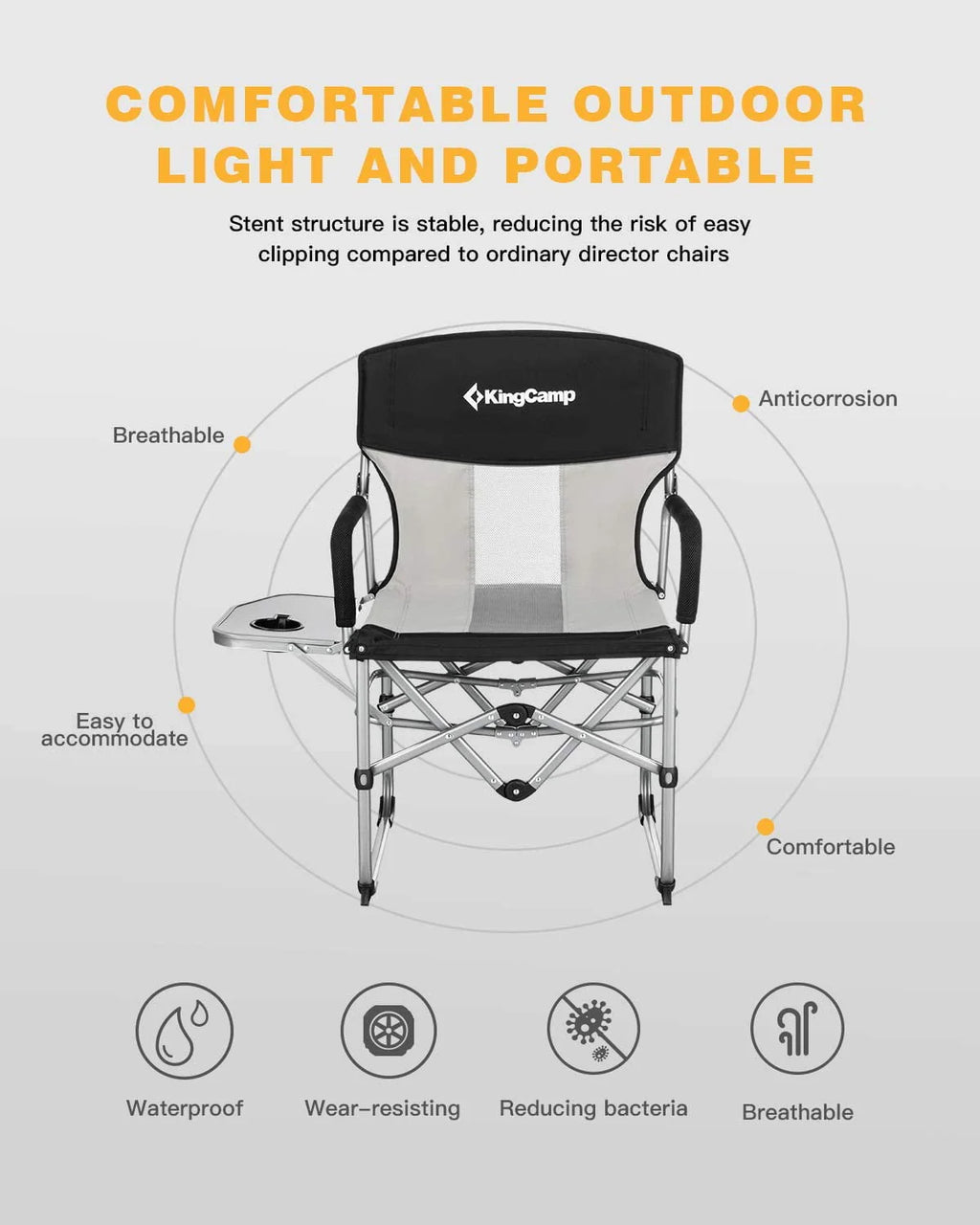 Lot de 2 chaises de camping KingCamp, soldes, pliantes et robustes, en maille, avec accoudoirs munis de poignées et tables latérales, pour adultes, noires