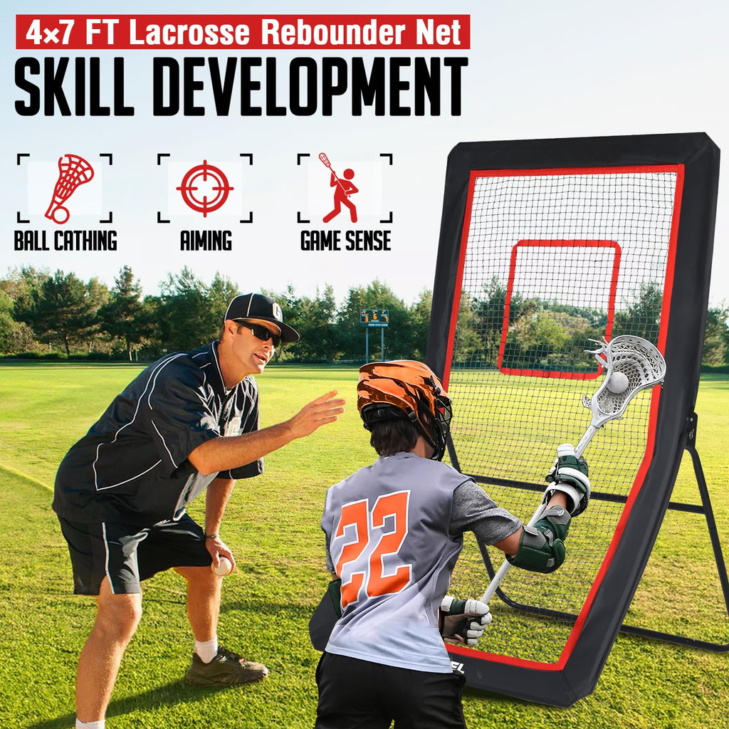 Rebondeur de lacrosse, 4x7 pi/4x6 pi, pour la cour arrière, avec 5 angles de rebond, une bande cible et un filet de retour, idéal pour l’entraînement au lacrosse, au baseball, au volley-ball et au soccer