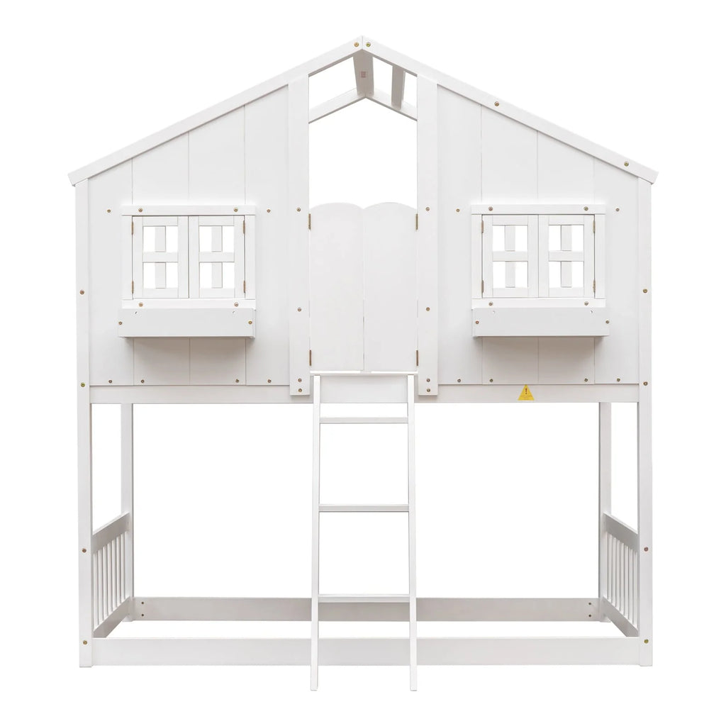 Lit superposé maison simple sur simple avec toit/fenêtre/niche de fenêtre/porte, cadre de lit superposé en bois avec plancher, barrières de sécurité et échelle pour enfants garçons et filles, blanc