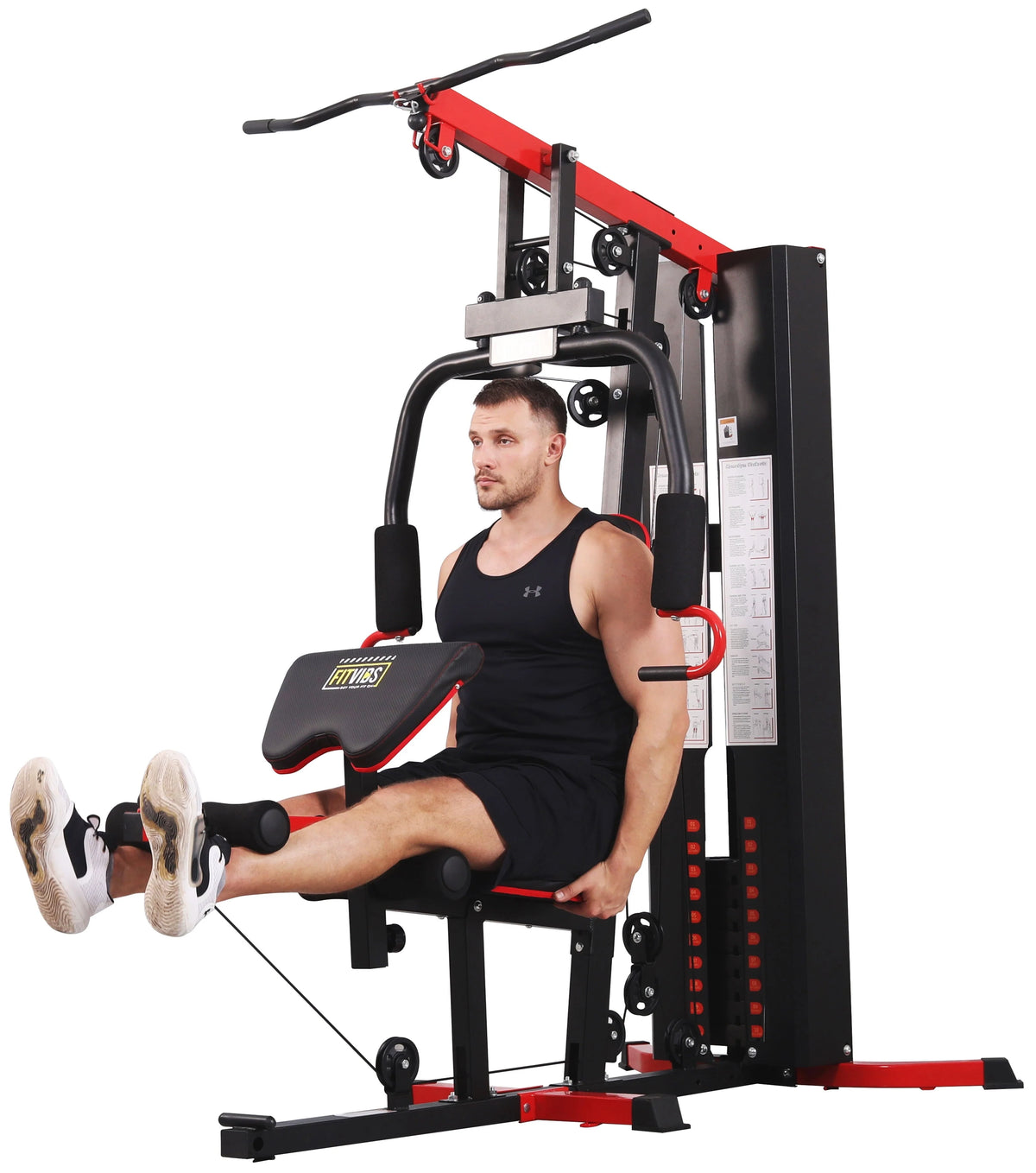 Système de musculation à domicile Fitvids LX750 avec 150 kg de résistance, colonne de poids de 55 kg, une station, livré avec une vidéo d’instructions d’installation, expédié en 5 colis