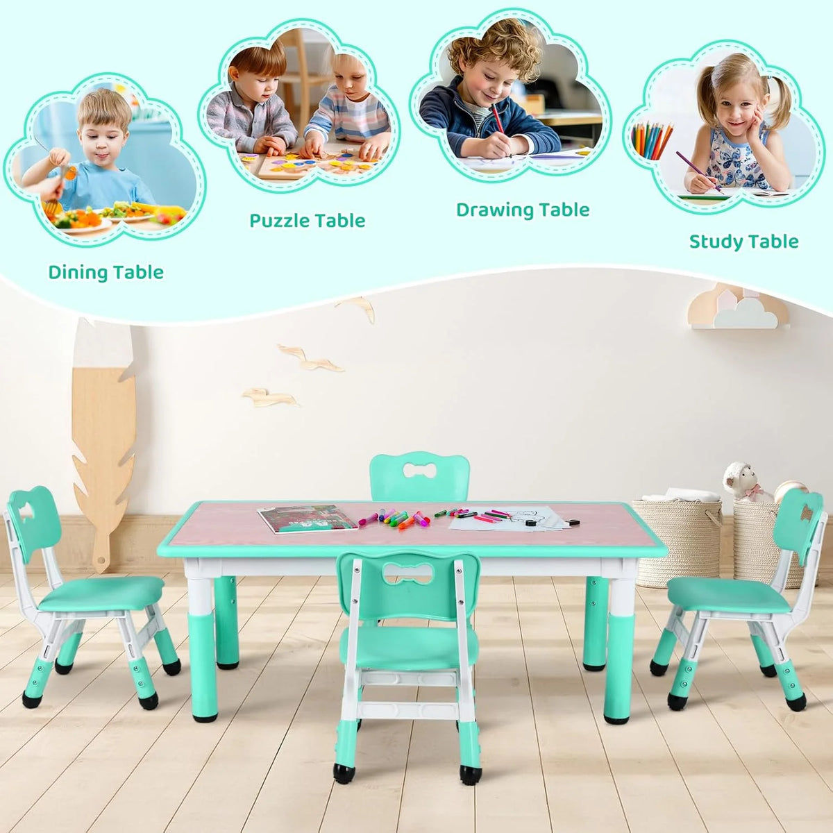 Ensemble table et 4 chaises pour enfants LAZY BUDDY, bureau réglable en hauteur pour tout-petits avec plateau graffiti, ensemble de table d’activités pour enfants pour crèche et maison