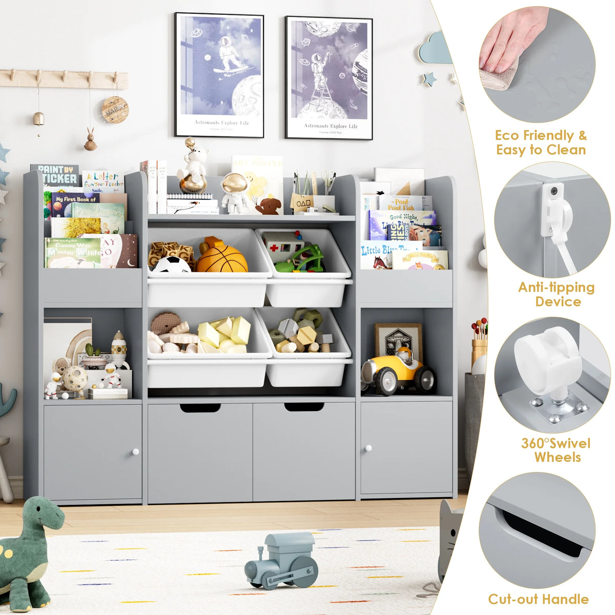 Hiphuta Bibliothèque et Meuble de Rangement pour Jouets pour Enfants, Organisateur en Bois avec 4 Paniers et 2 Tiroirs Amovibles pour la Maison et la Chambre, Étagère à Livres pour Enfants avec Bac à Jouets et Support à Livres, Blanc