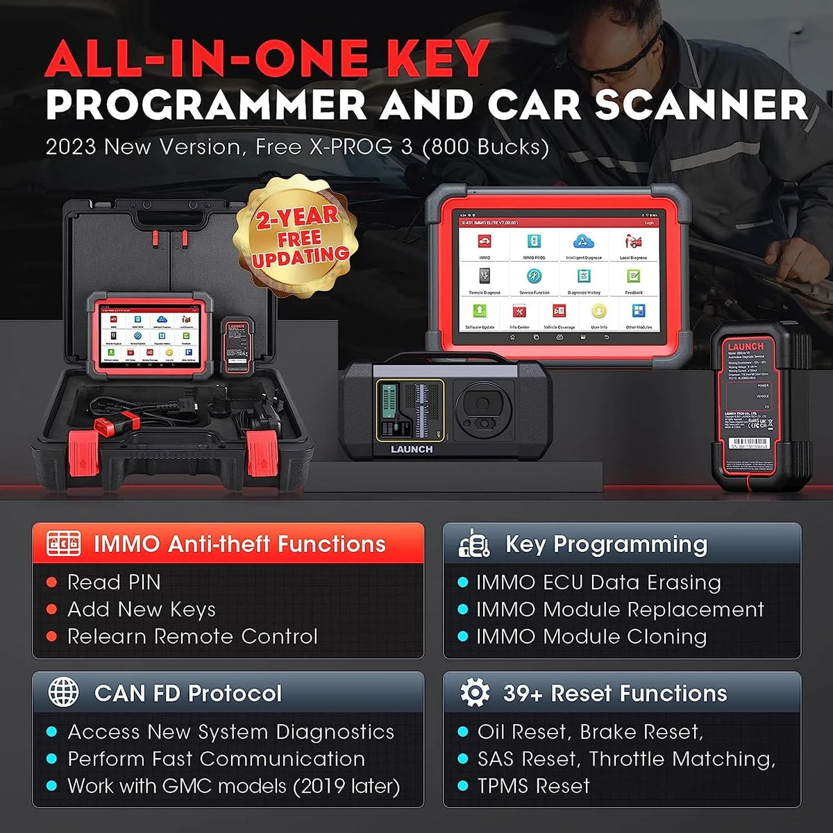 Outil de diagnostic automobile LAUNCH X431 IMMO Elite avec programmation de clés, programmateur de clés X-PROG3, clonage/synchronisation d’ECU, CANFD & DoIP, plus de 39 services, 2 ans de mises à jour gratuites