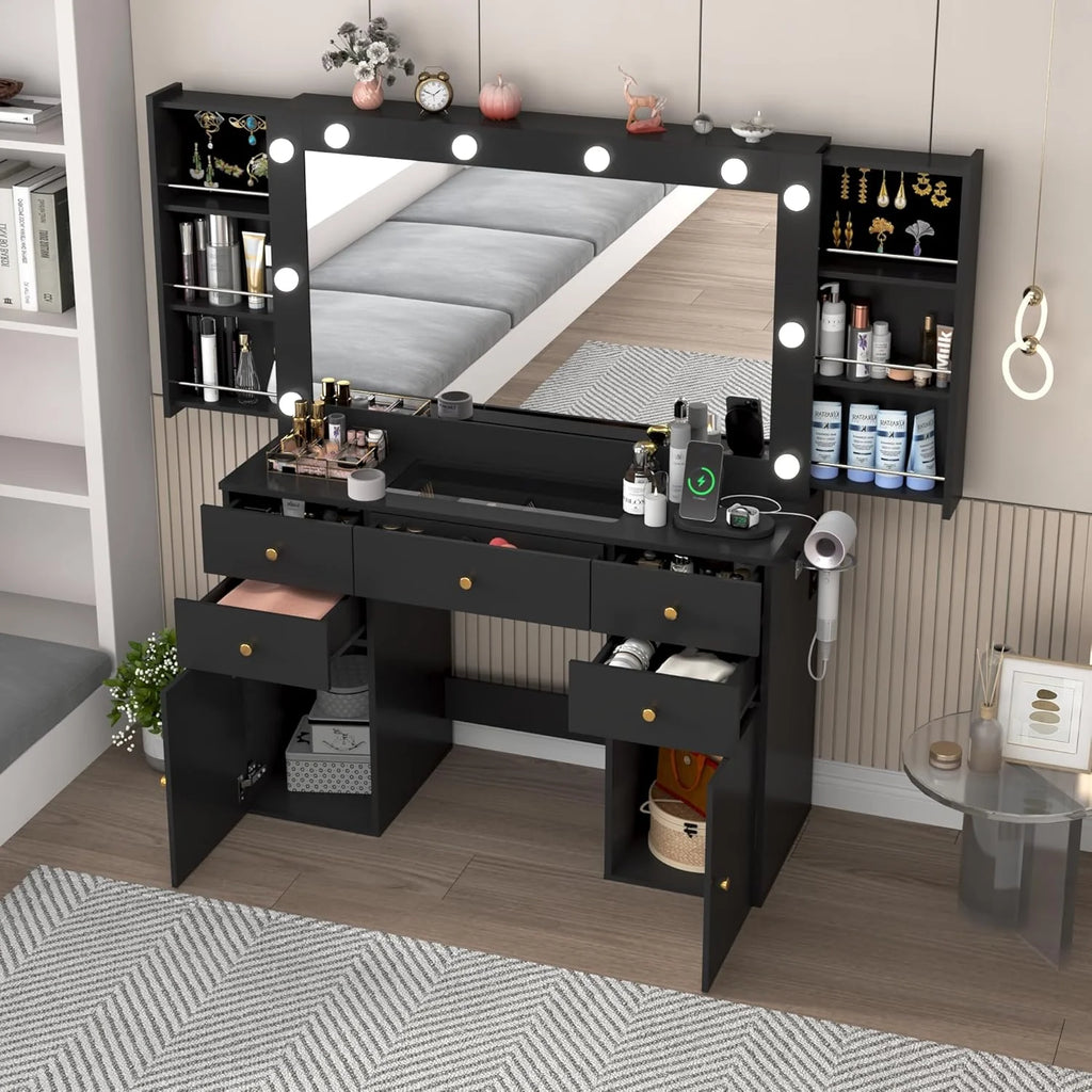 Coiffeuse blanche avec grand miroir lumineux et prise électrique, table de maquillage avec plateau en verre et tiroirs, rangement coulissant, grande coiffeuse de maquillage de 44,1 pour femmes et filles, blanche