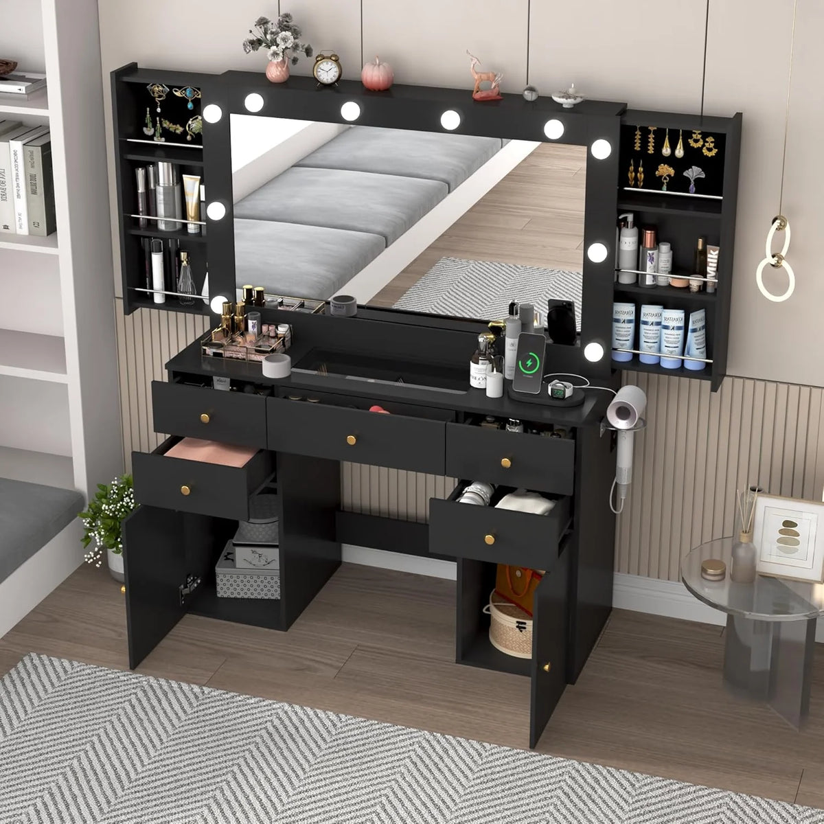 Coiffeuse blanche avec grand miroir lumineux et prise électrique, table de maquillage avec plateau en verre et tiroirs, rangement coulissant, grande coiffeuse de maquillage de 44,1 pour femmes et filles, blanche