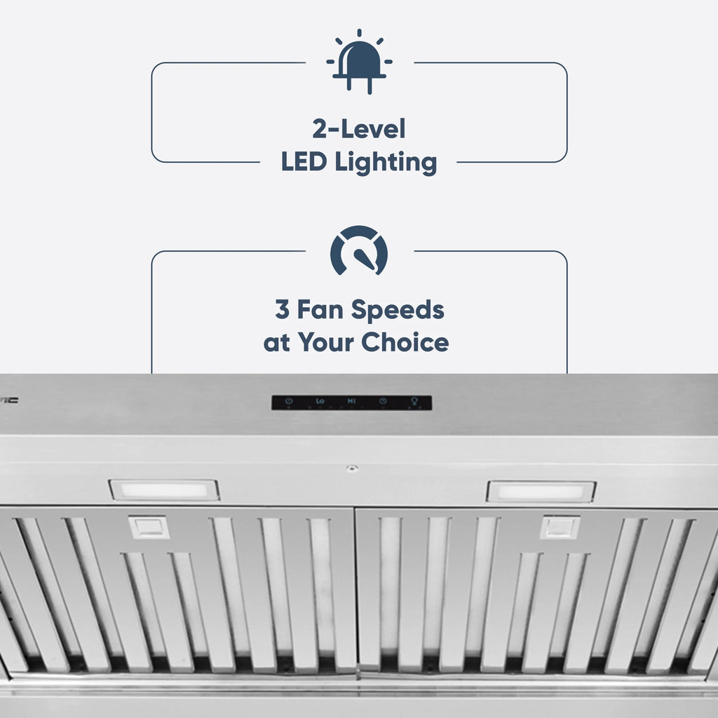 Hotte de cuisine gainable sous meuble Pacific Economy Pro 30 pouces - 850 CFM, puissante, 3 vitesses - Électrique en acier inoxydable - Ultra silencieuse, commande tactile en verre, éclairage LED 6 W PR6830AS