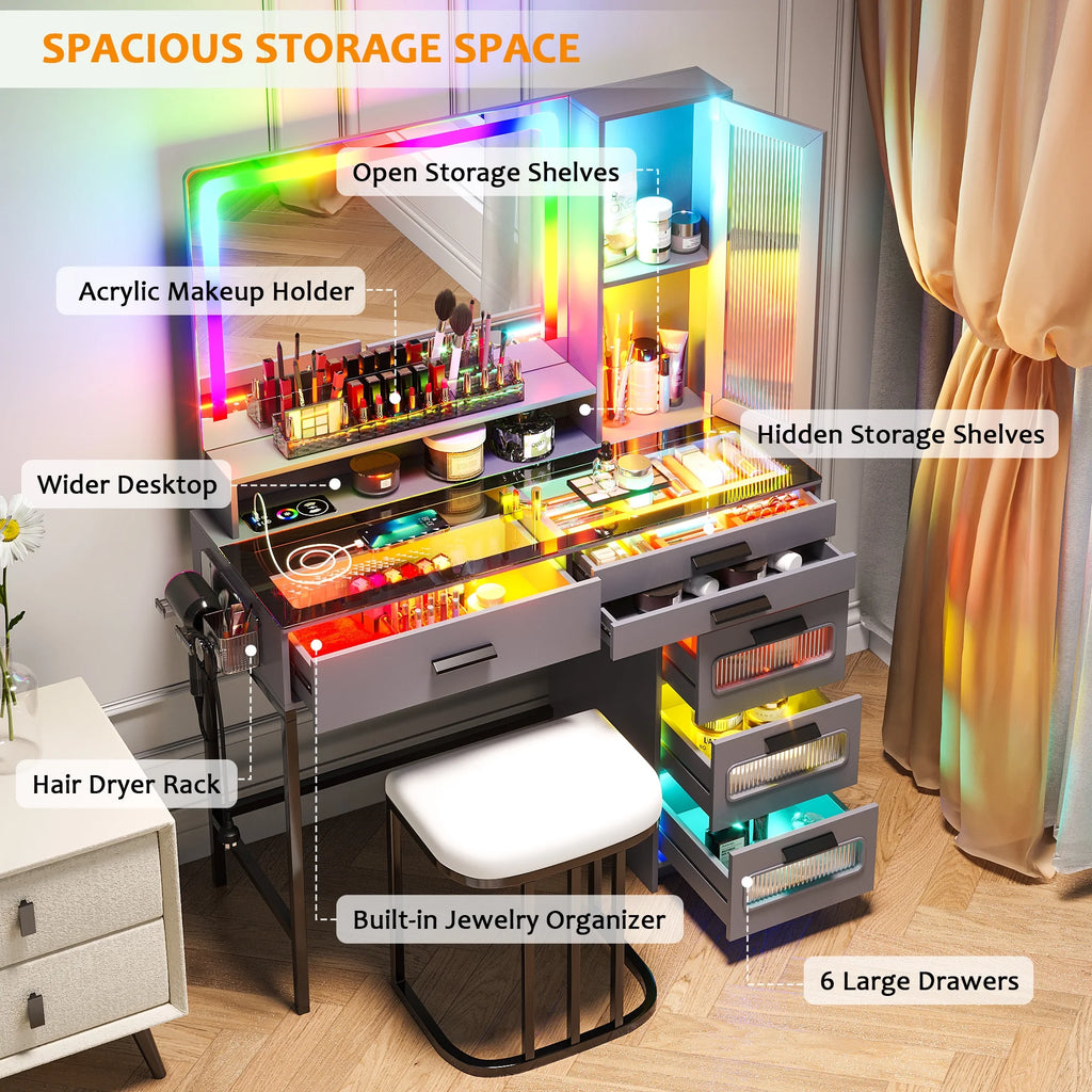 Coiffeuse HNEBC avec miroir et éclairage RGB, coiffeuse de maquillage avec plateau en verre, éclairage à détecteur automatique et charge sans fil, ensemble de coiffeuse avec tabouret rembourré, coiffeuse avec 6 tiroirs (blanc)