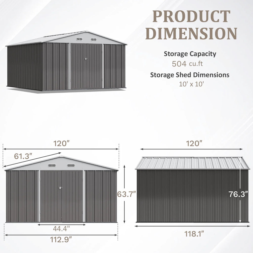 Abri de rangement en métal Devoko 10 x 8 pi, abri de jardin verrouillable en acier pour patio, cour arrière et outils de plein air, marron