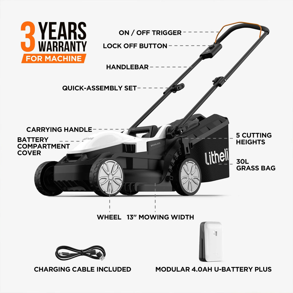 Tondeuse à gazon sans fil Litheli 13 pouces, 5 hauteurs de coupe réglables, tondeuse électrique 20 V série U20 pour jardin avec moteur sans balais, batterie portable 4,0 Ah incluse