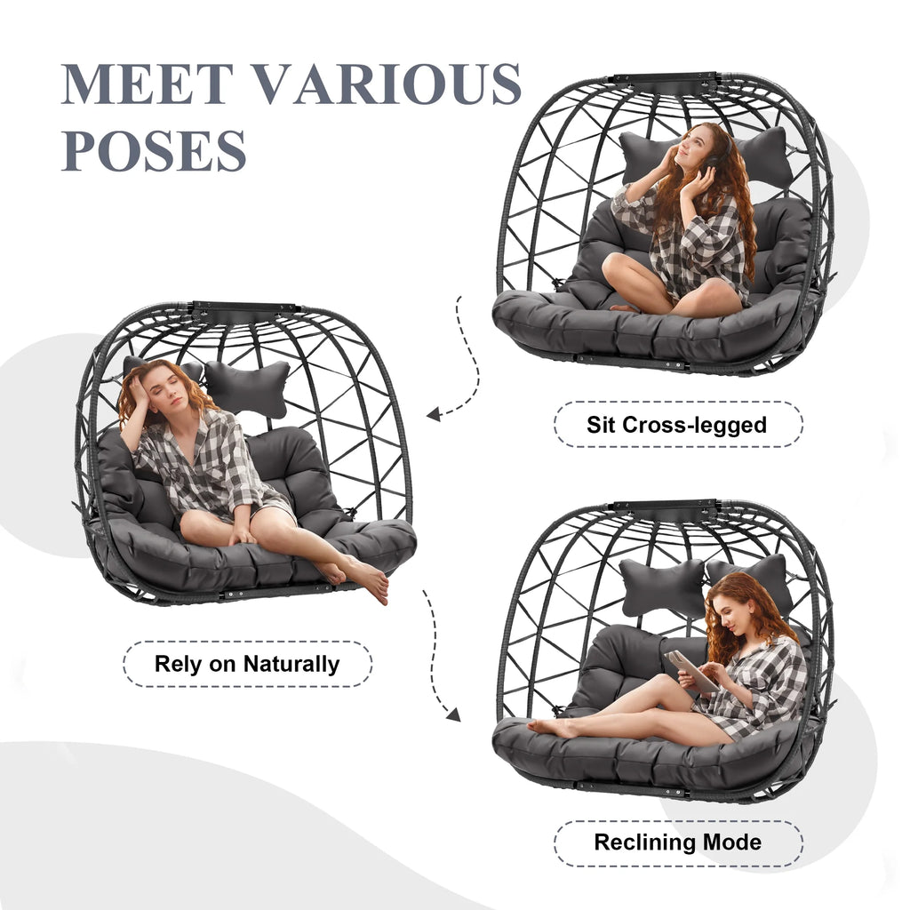 Fauteuil suspendu œuf double en osier RADIATA avec support, fauteuil œuf suspendu pour 2 personnes, intérieur/extérieur, capacité de 700 lb, coussins épais et appuie-tête, structure en métal robuste, gris foncé