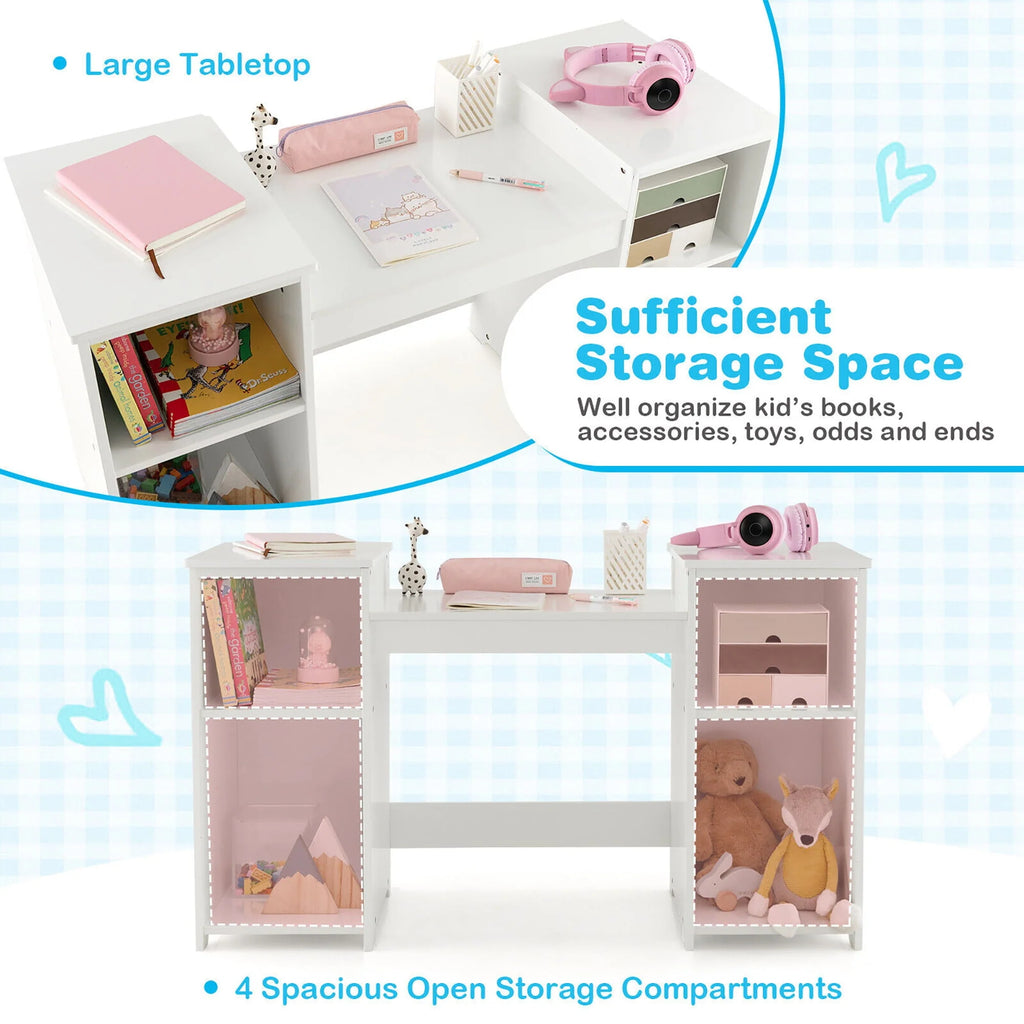 Coiffeuse pour enfant Gymax 2 en 1 Ensemble maquillage princesse avec chaise et miroir pliant sécurisé Blanc