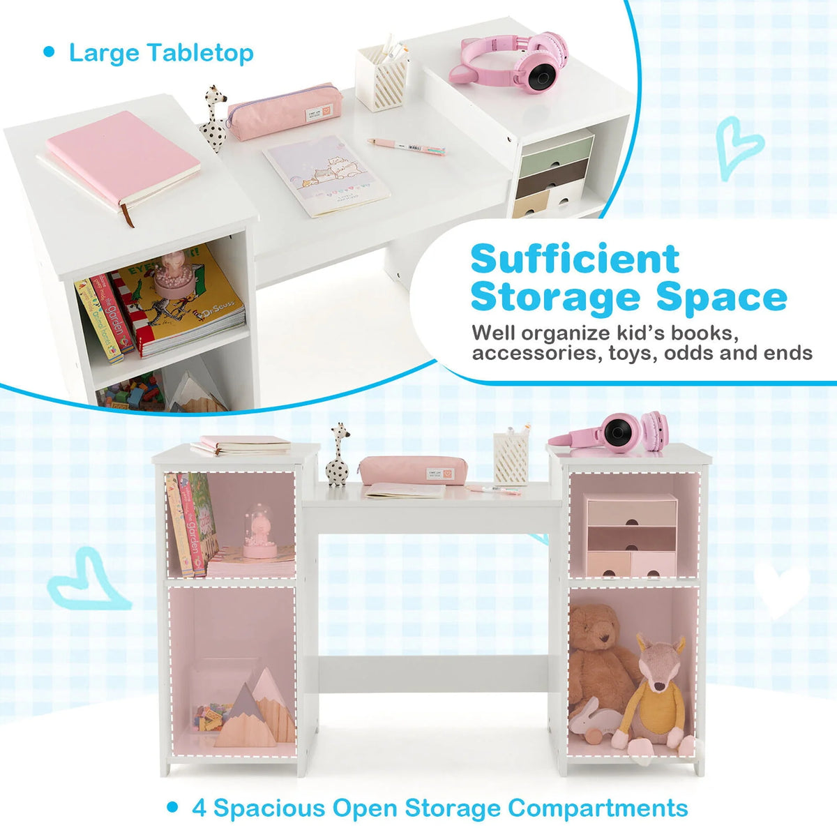 Coiffeuse pour enfant Gymax 2 en 1 Ensemble maquillage princesse avec chaise et miroir pliant sécurisé Blanc