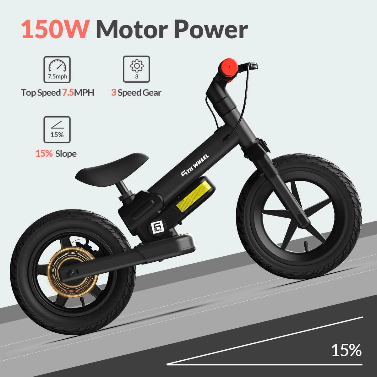 5Th Wheel KB09 Vélo d’équilibre électrique 150W pour enfants, noir - Pneu gonflable de 12 pouces avec double frein