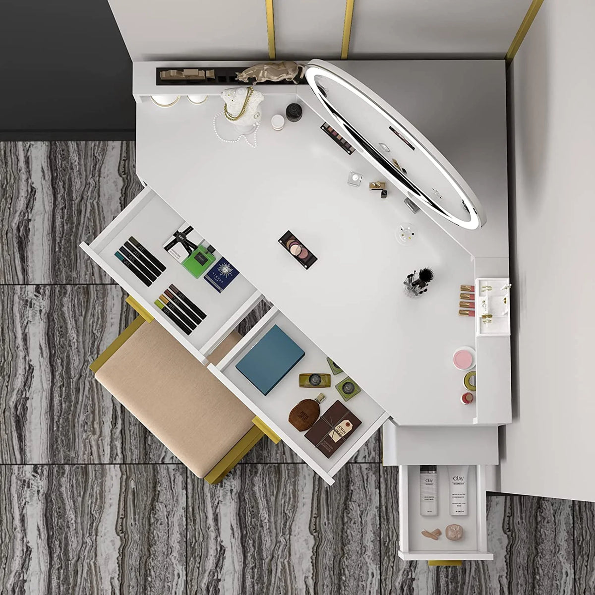 Coiffeuse d’angle avec miroir lumineux, table de maquillage avec tiroirs, meuble et tabouret rembourré, coiffeuse pour fille pour salle de bain ou chambre, blanche, par TZUTOGETHER