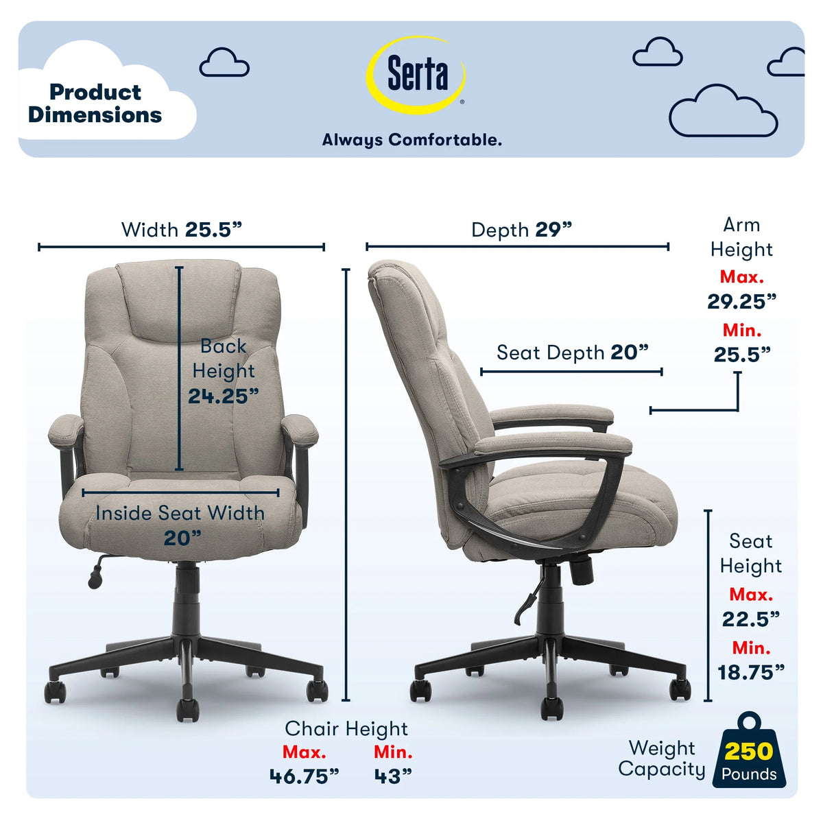 Chaise de bureau Serta Connor en microfibre gris clair