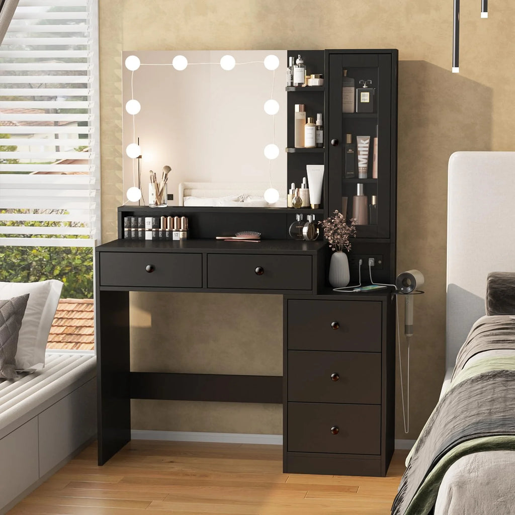 Coiffeuse VEANERWOOD avec miroir éclairé et bloc multiprise, table de maquillage moderne avec 5 tiroirs, blanc