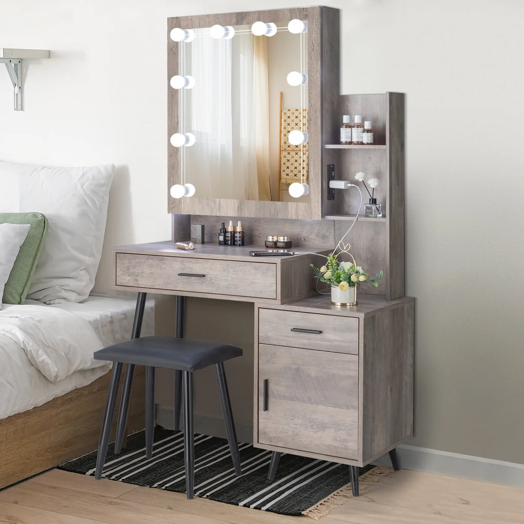 Coiffeuse Ktaxon avec miroir éclairé à 3 couleurs & station de charge, table de maquillage avec 3 étagères de rangement & tiroirs, bureau de toilette avec tabouret, gris rétro
