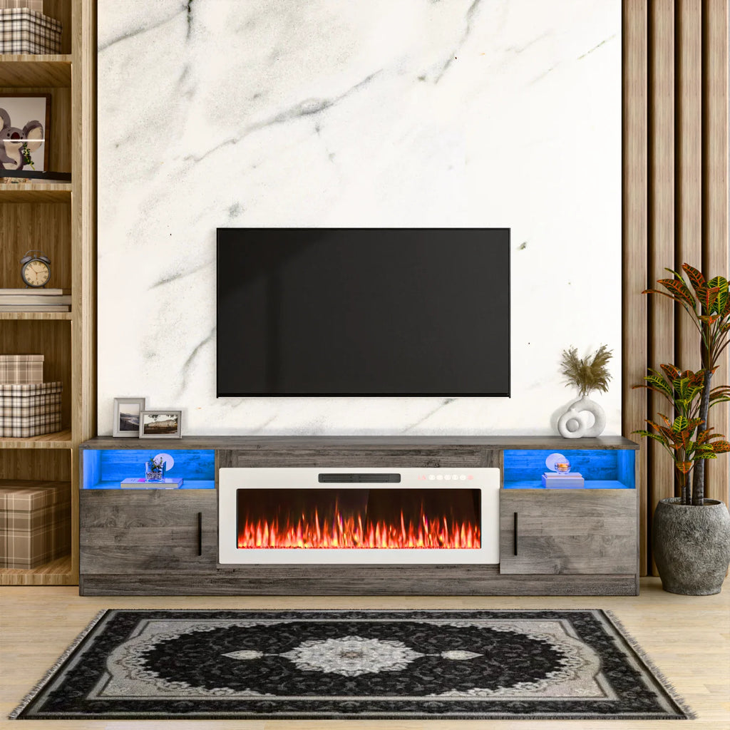 Meuble TV avec cheminée Waleaf avec cheminée électrique de 36 pouces pour téléviseurs jusqu’à 80 pouces, console multimédia moderne en bois avec meuble éclairé, blanc