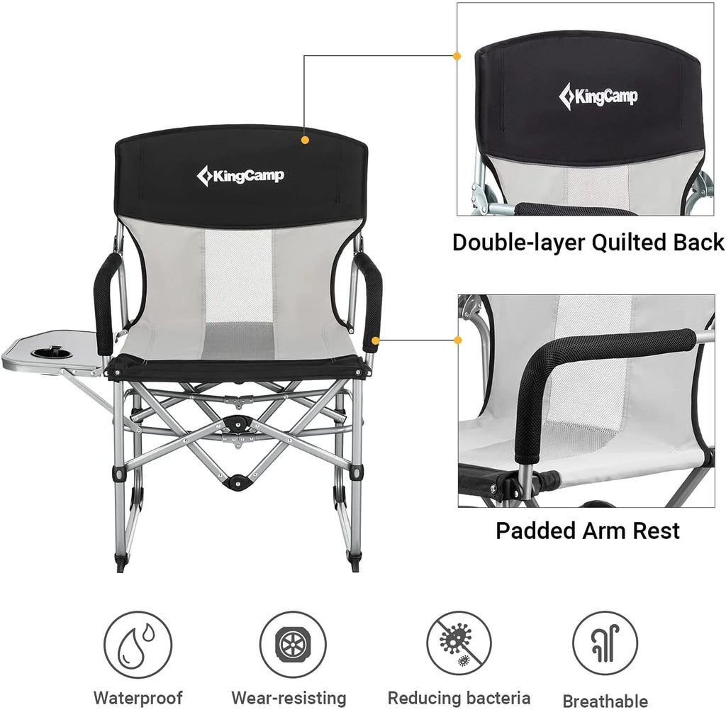 Lot de 2 chaises de camping KingCamp, soldes, pliantes et robustes, en maille, avec accoudoirs munis de poignées et tables latérales, pour adultes, noires