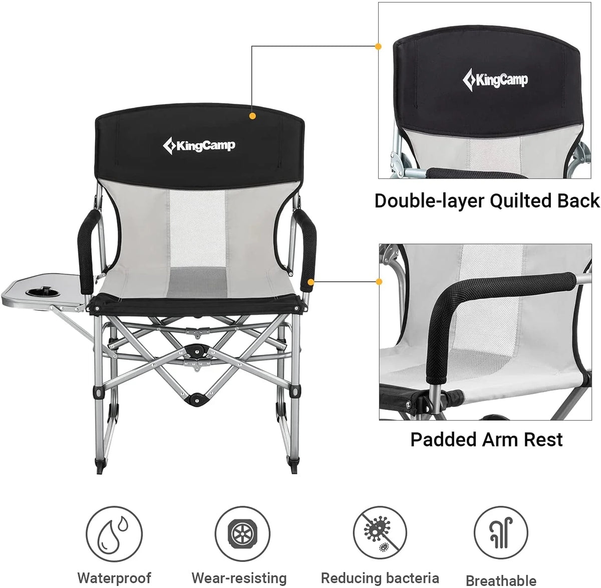 Lot de 2 chaises de camping KingCamp, soldes, pliantes et robustes, en maille, avec accoudoirs munis de poignées et tables latérales, pour adultes, noires