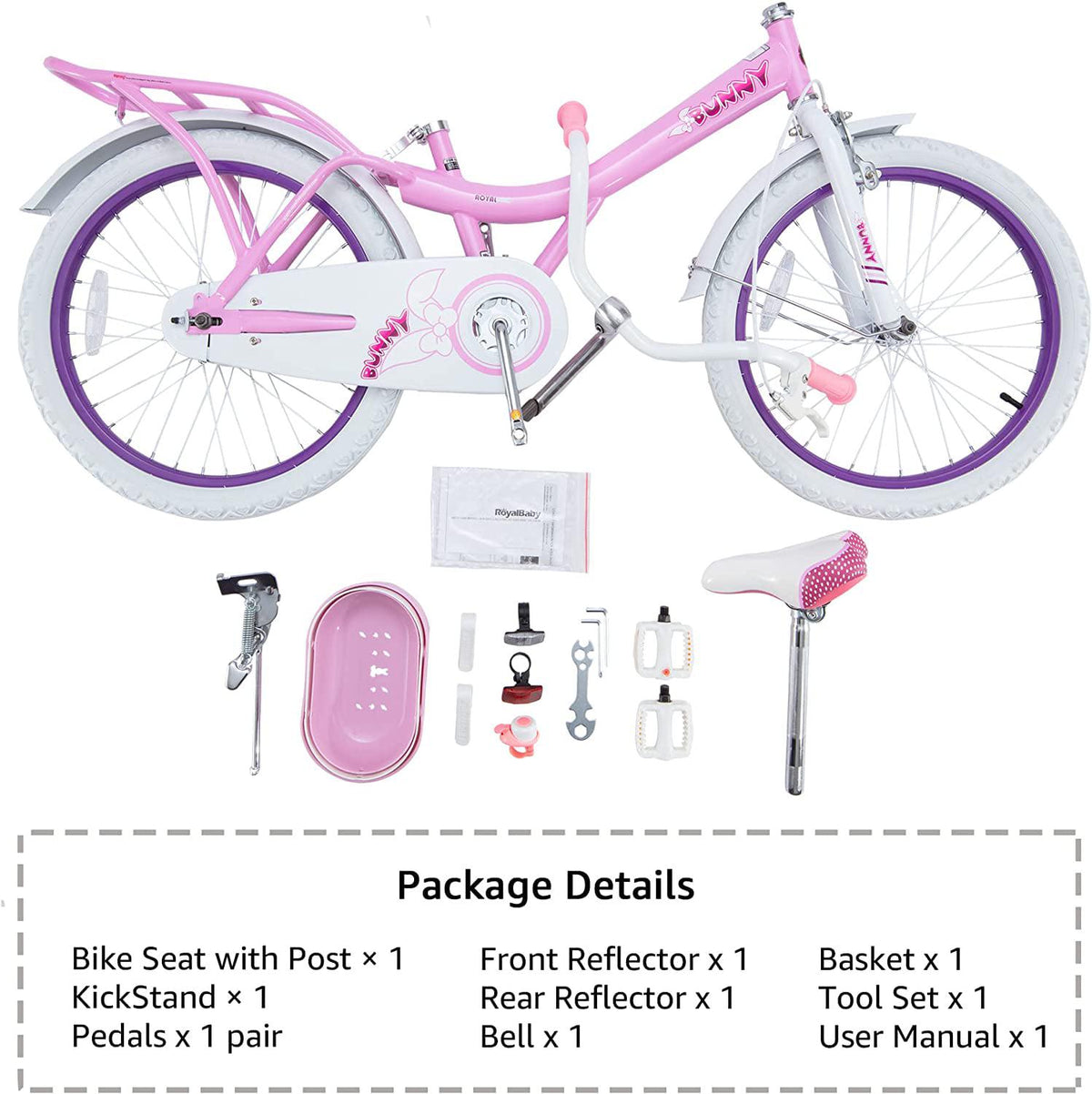 Vélo pour fille RoyalBaby Bunny 20 pouces, vélo pour enfants, rose