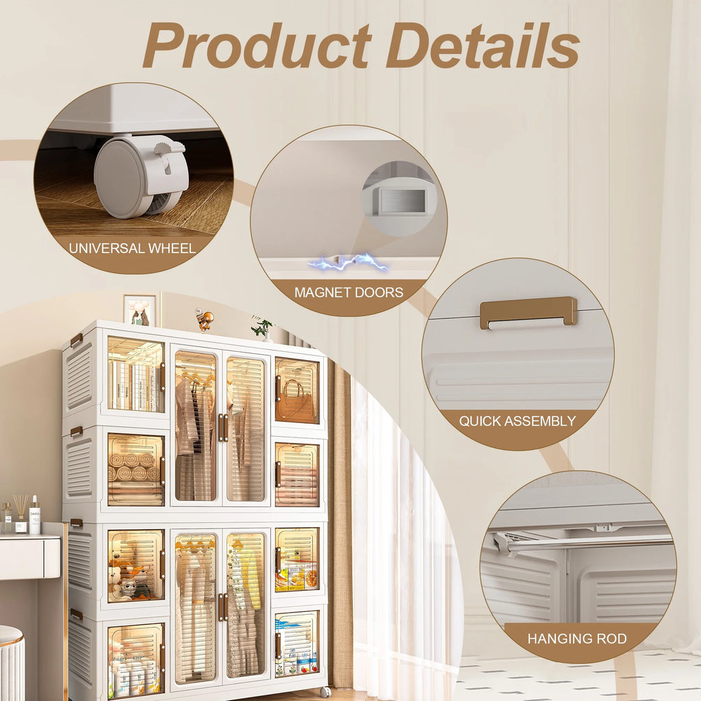 Penderie portable pour enfants Montary avec portes magnétiques et tringle – Meuble de rangement en plastique à 4 casiers pour chambre d'enfant
