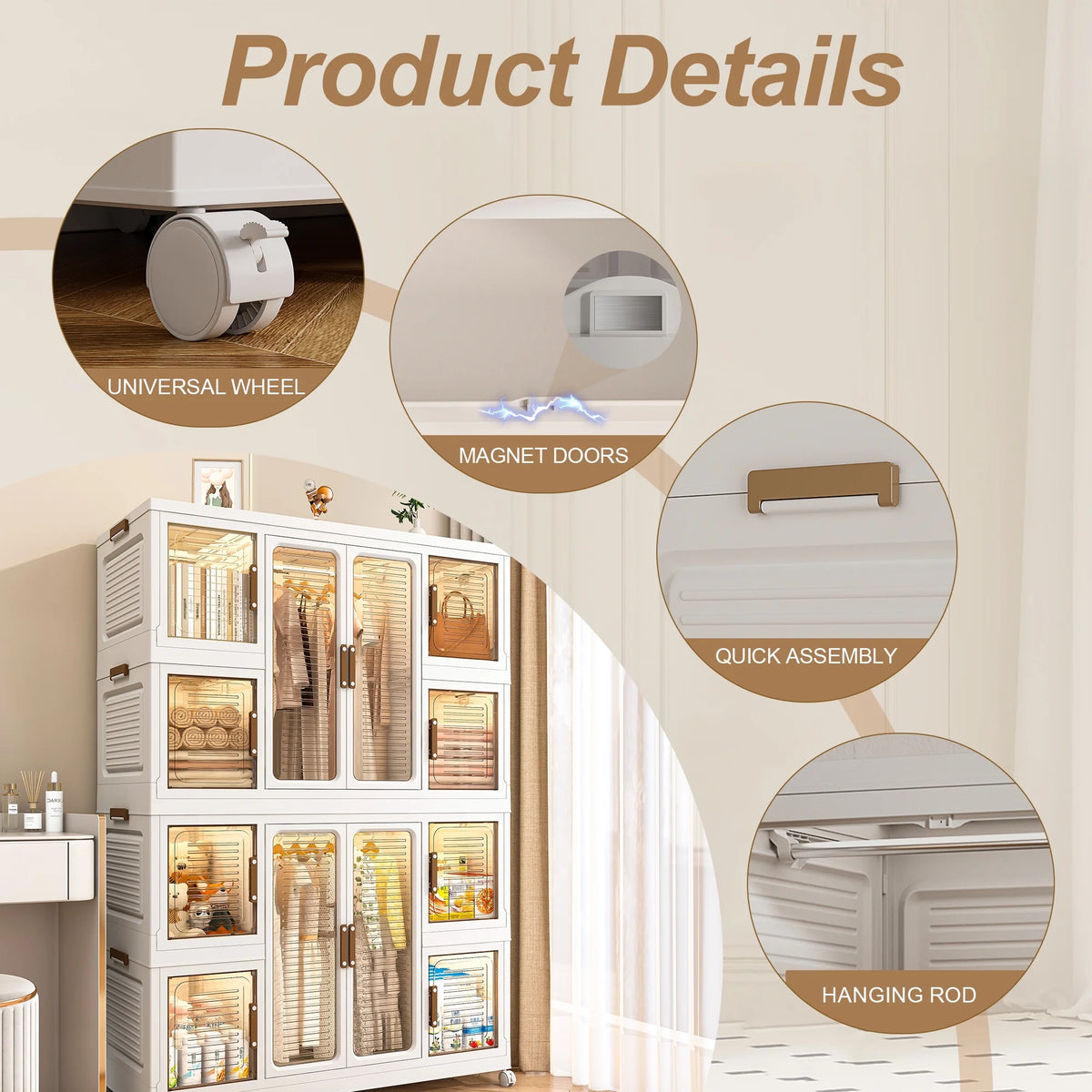 Penderie portable pour enfants Montary avec portes magnétiques et tringle – Meuble de rangement en plastique à 4 casiers pour chambre d'enfant