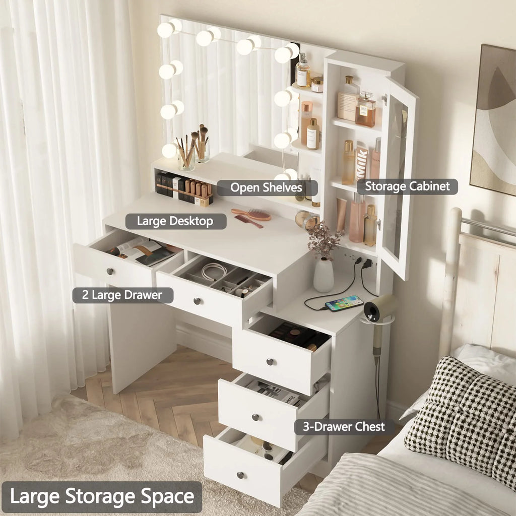 Coiffeuse VEANERWOOD avec miroir éclairé et bloc multiprise, table de maquillage moderne avec 5 tiroirs, blanc