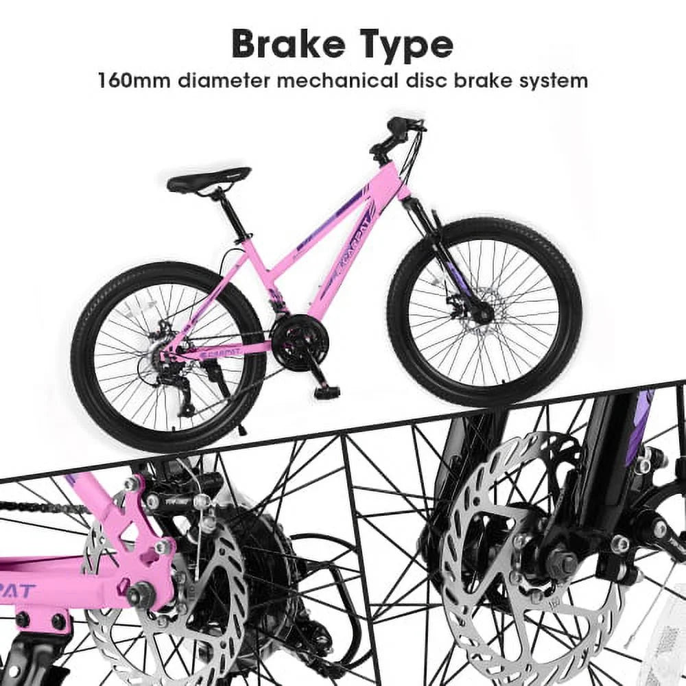 POWANLI 26 Vélo tout-terrain pour femme, Vélo de montagne 21 vitesses avec freins à disque doubles et suspension avant de 100 mm, Rose (Cadeau)